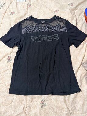Guess Black T-Shirt with Lace Panel – Size XS (Fits S–M)